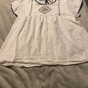 Lularoe White Embroidered Blouse with Navy Accents